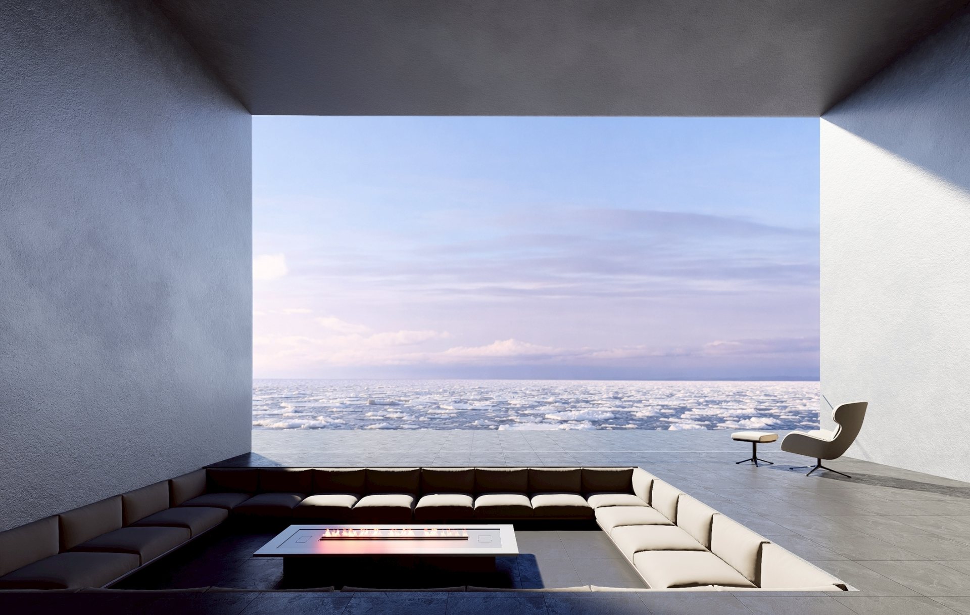 A sunken lounge around a fire, open to a sea of drift ice
