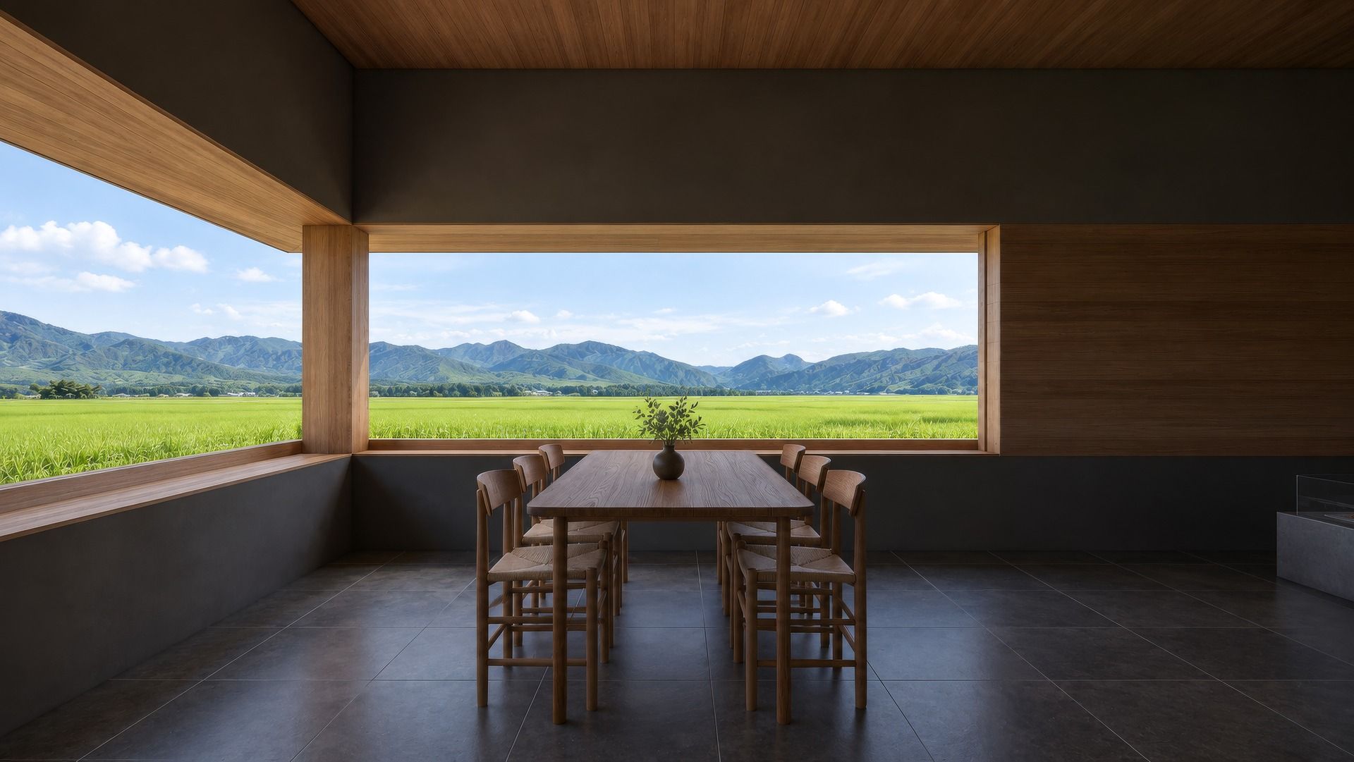 A summer dining room open to fields and mountains