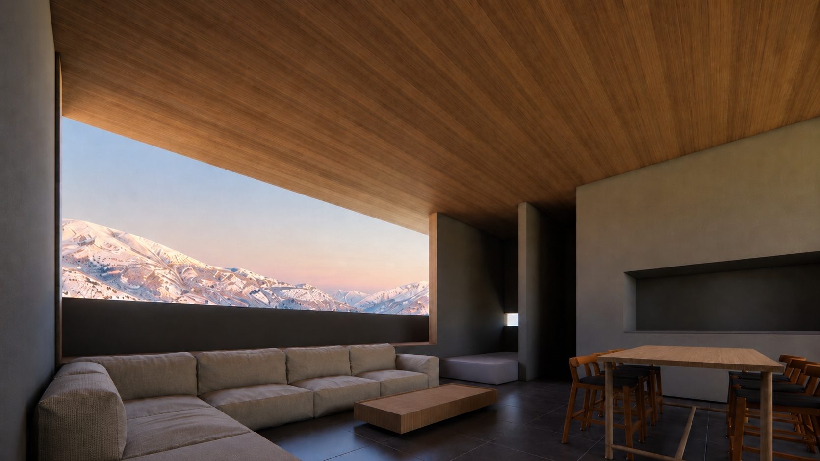 A living room open to snowy mountains