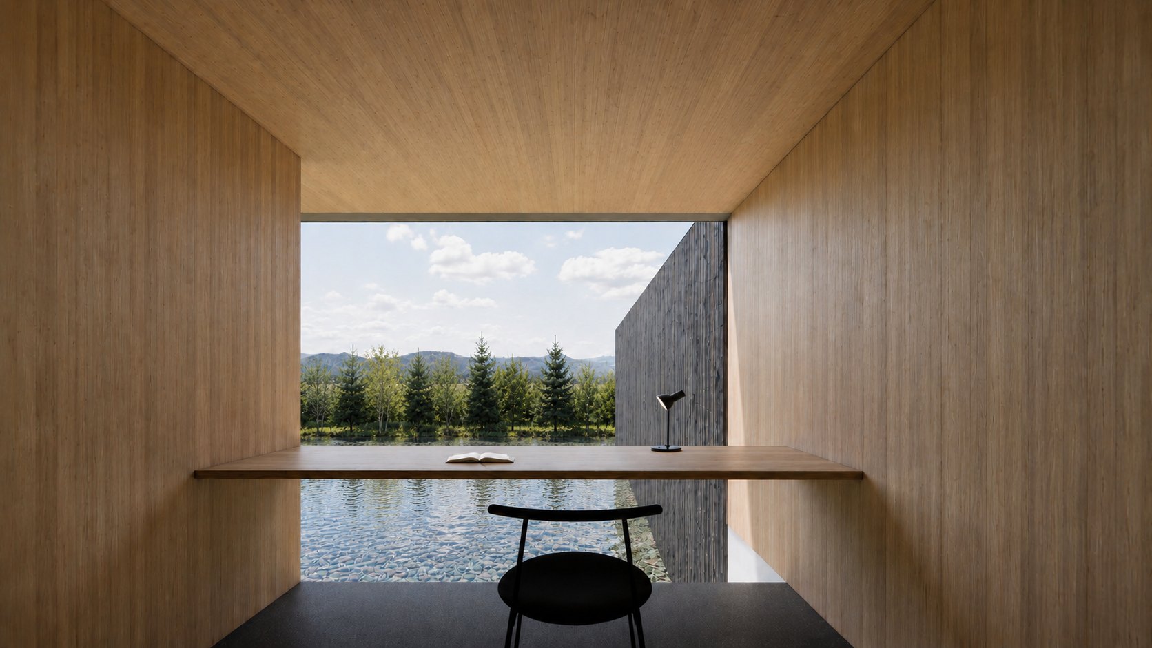A wooden study looking out on still water and trees